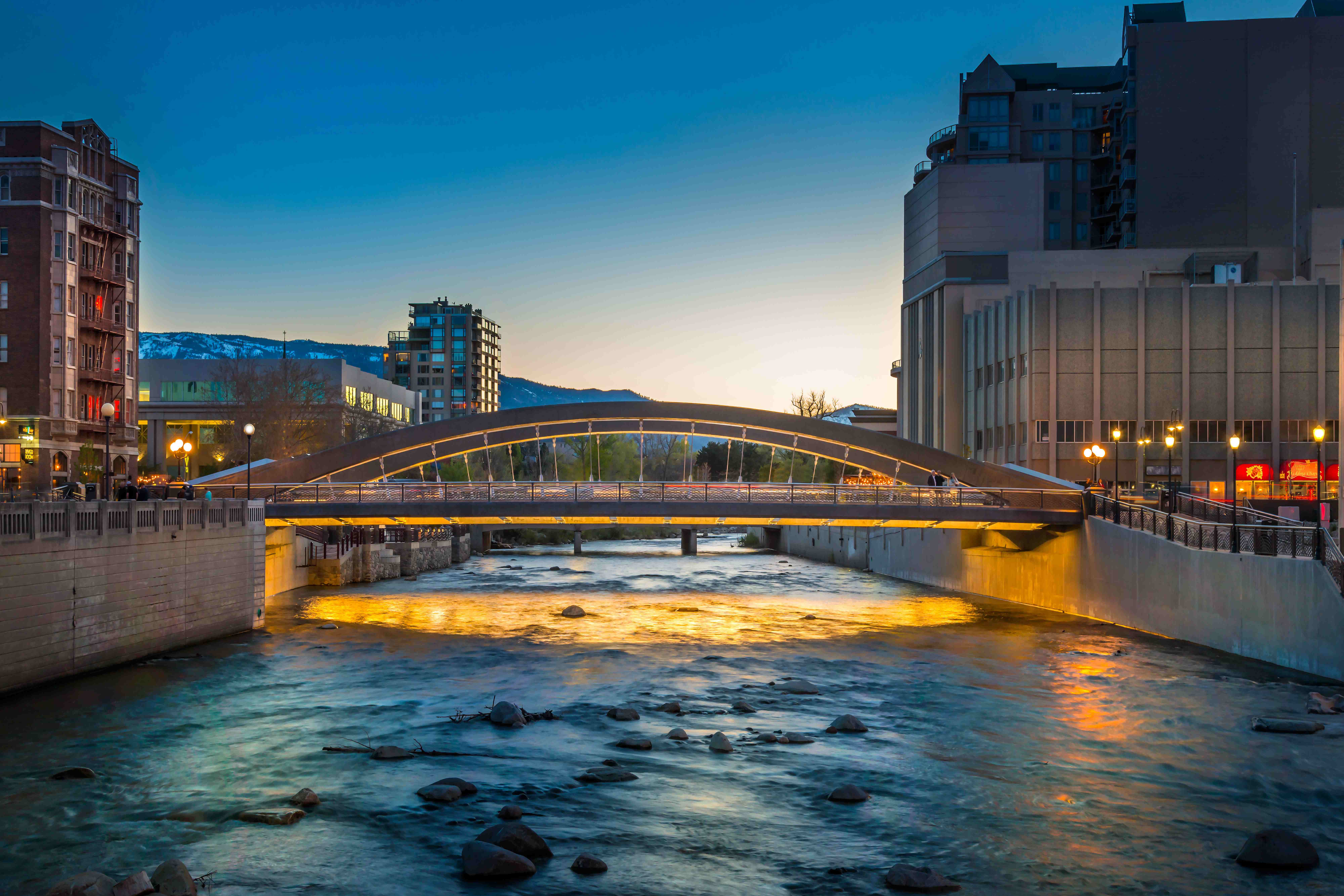Downtown Reno at twilight with Virginia Street Bridge over Truckee River